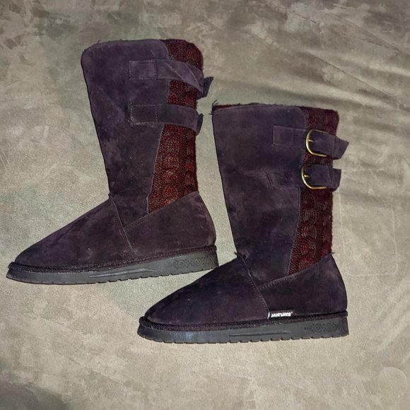 Muk Luks Shoes - Muk Luks Red / Brown Double Strap Sweater Pattern Cable Knit Boots